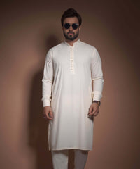 Cream Cotton-Viscose Slim Fit Kurta Pajama (2-Piece) - Image 2