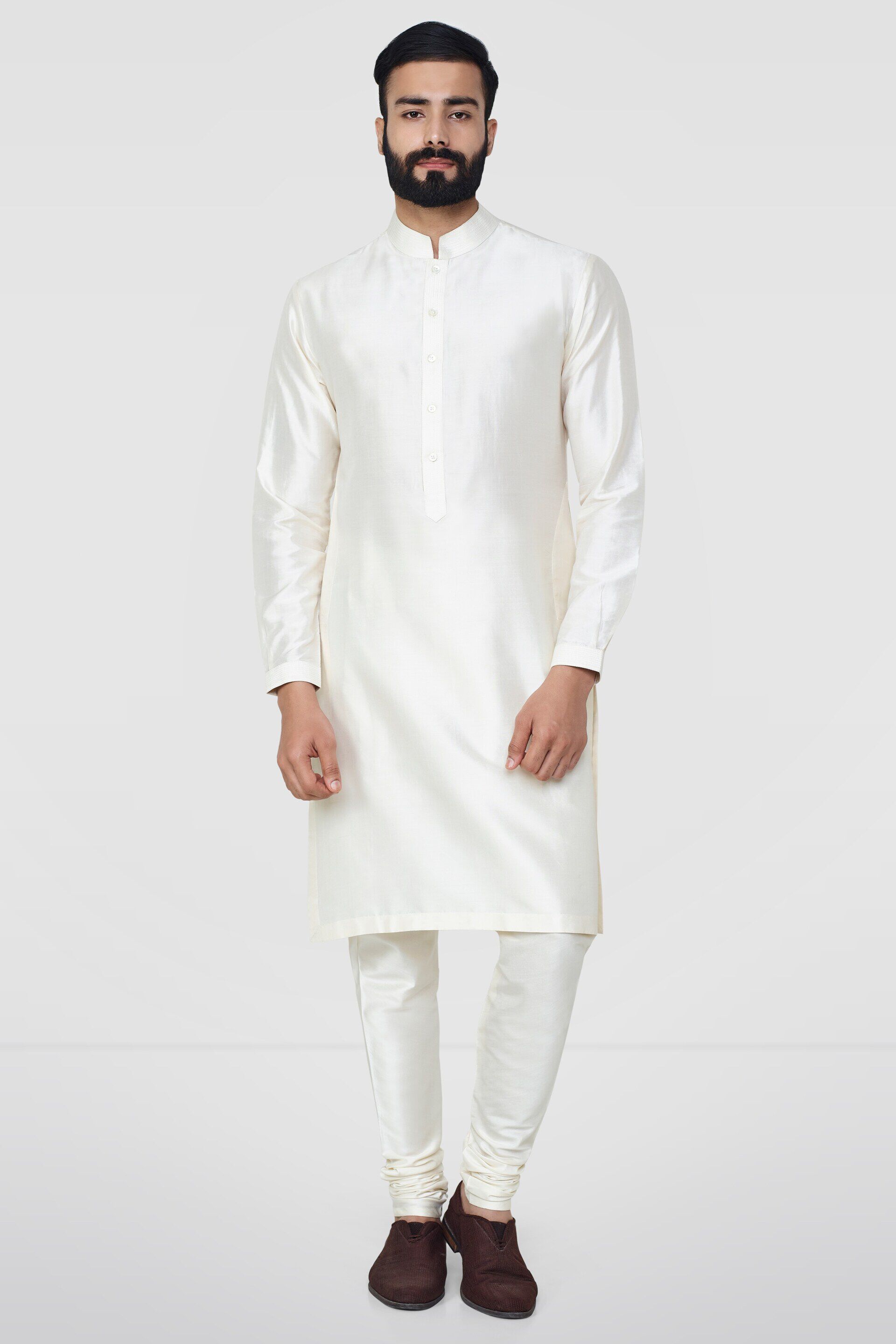 Cream Stitch-Line Silk Kurta Pajama (2-Piece) - Image 1
