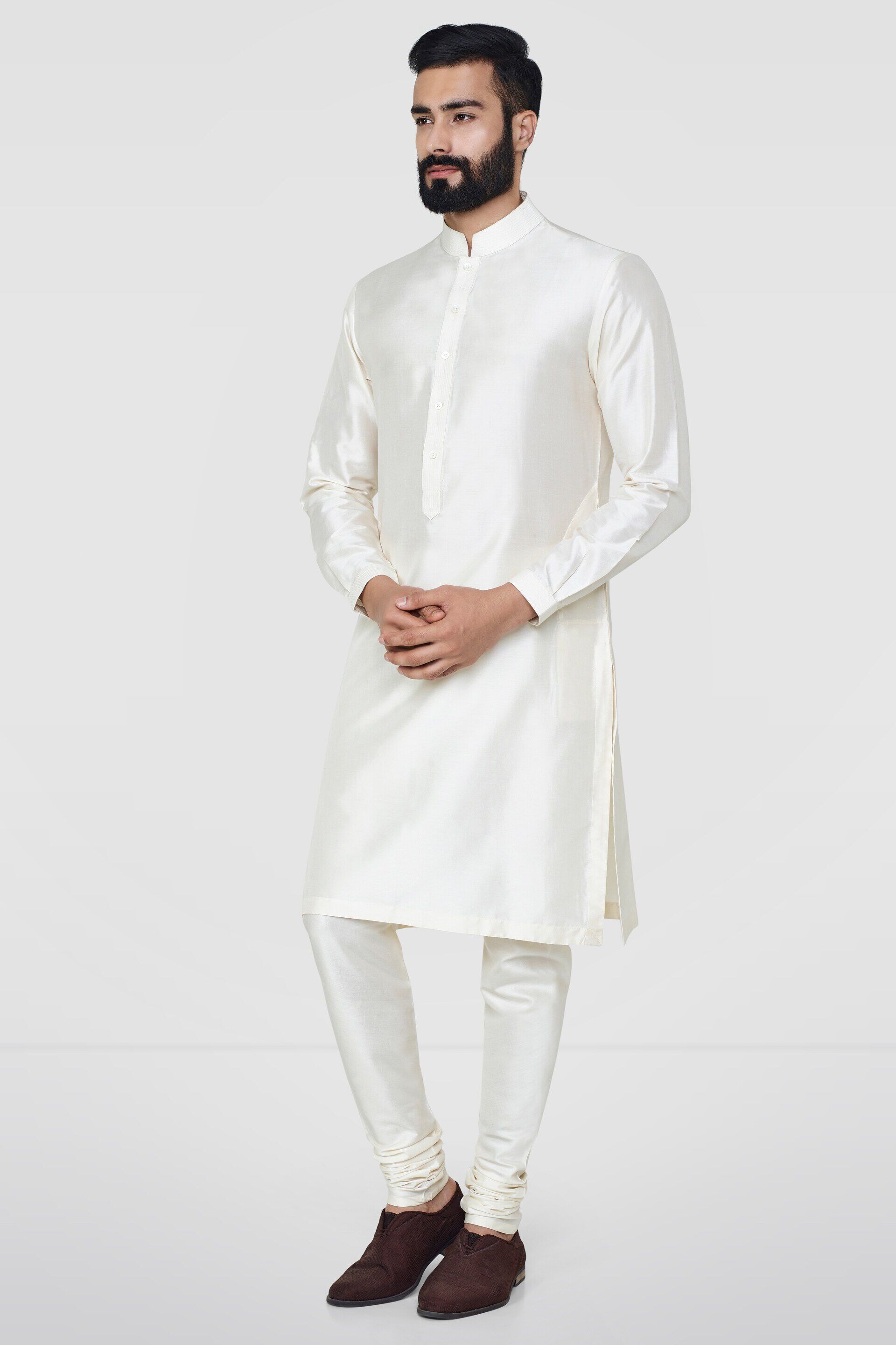 Cream Stitch-Line Silk Kurta Pajama (2-Piece) - Image 2