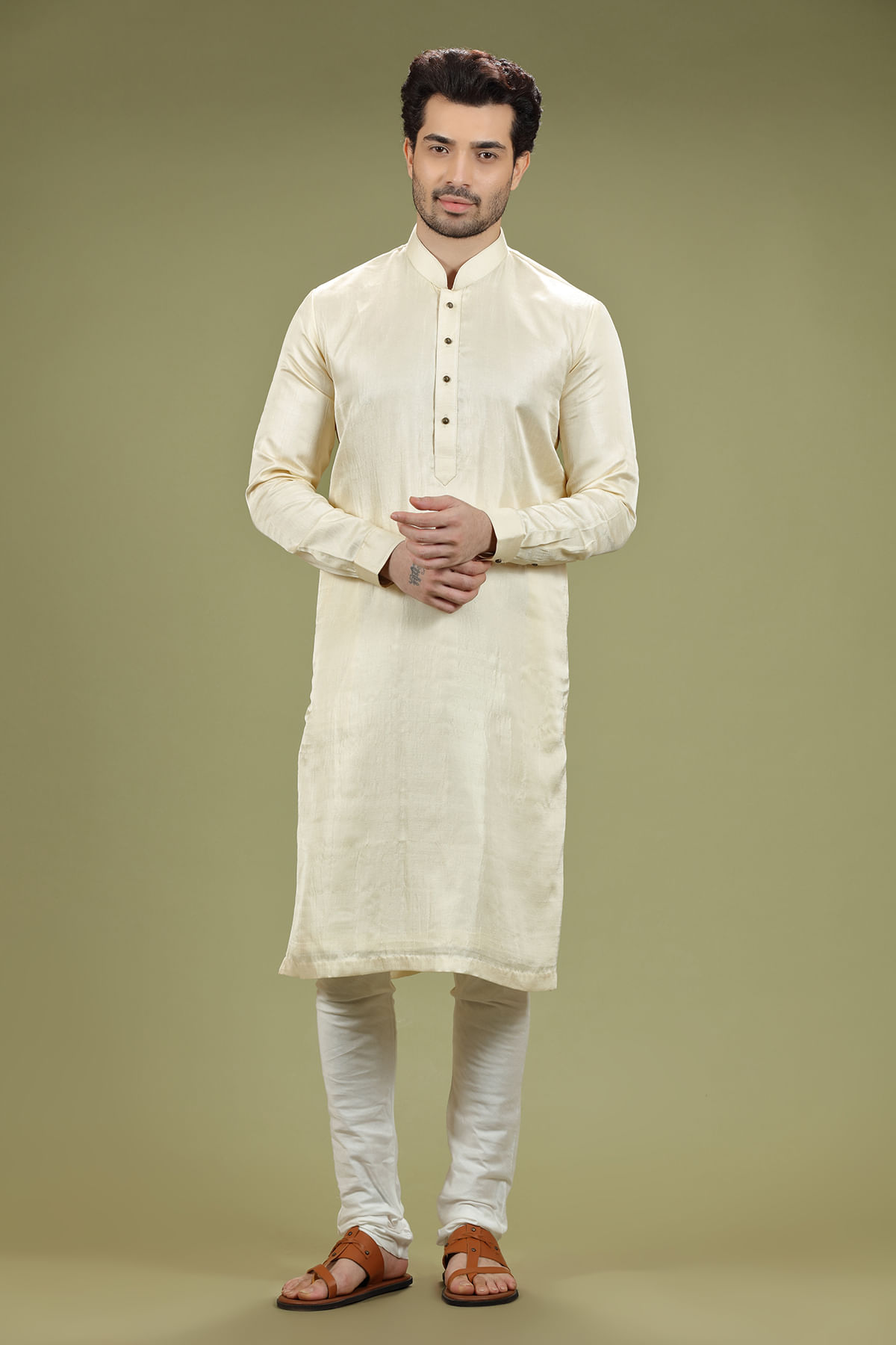 Cream Silk Straight-Cut Kurta Pajama (2-Piece) - Image 1