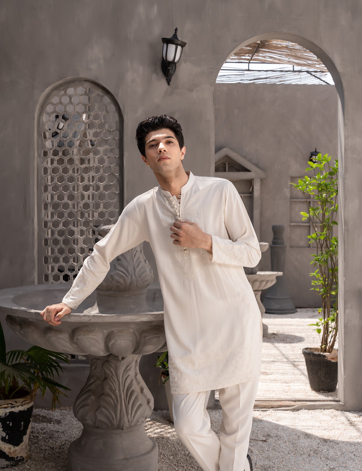 Cream Embroidered Wash & Wear Kurta Pajama (2-Piece) - Image 5