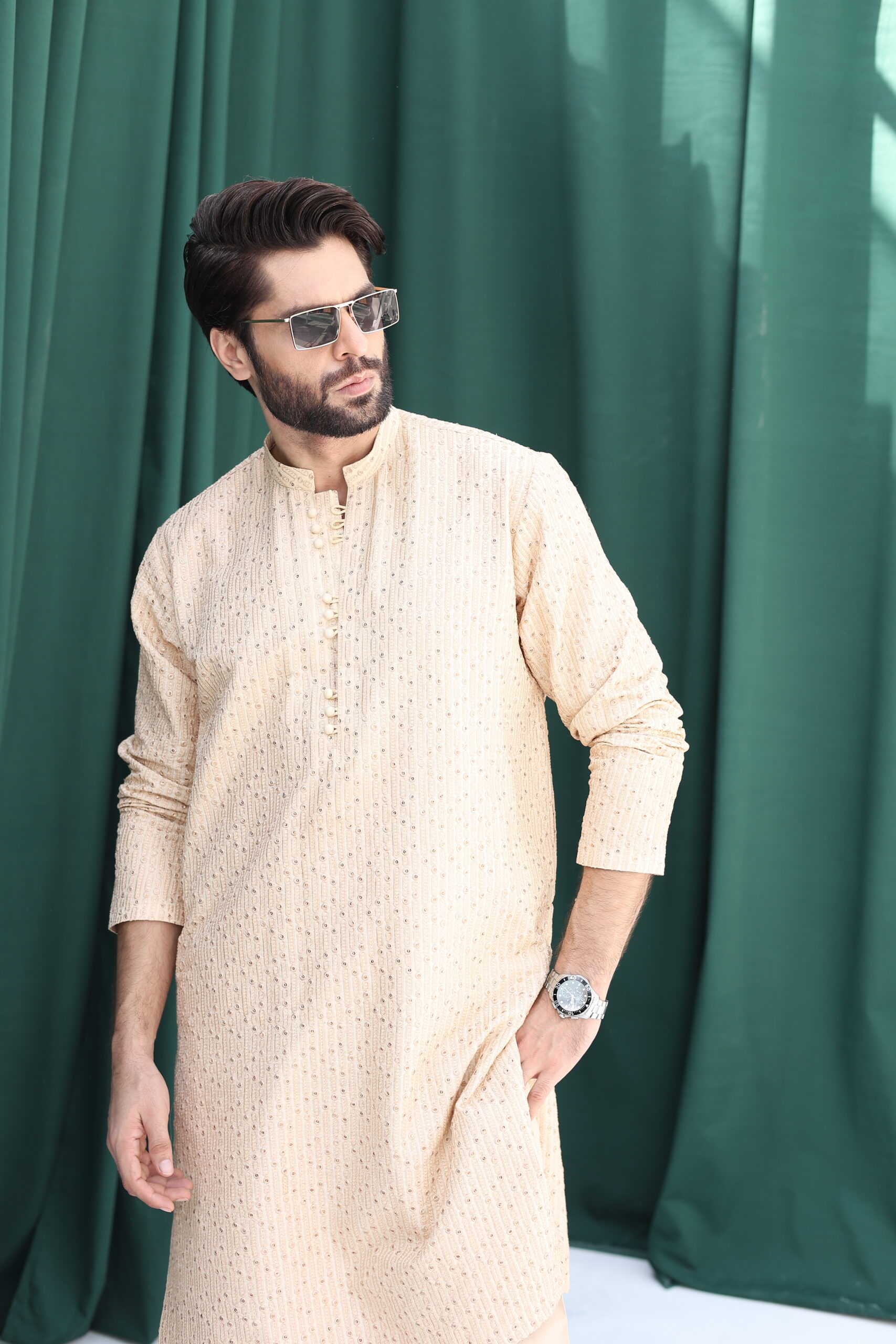 Cream Sequin Embellished Raw Silk Kurta (2-Piece) - Image 2