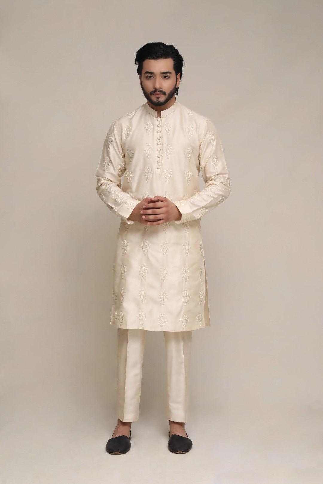 Cream Embroidered Silk Kurta Pajama (2-Piece) - Image 1