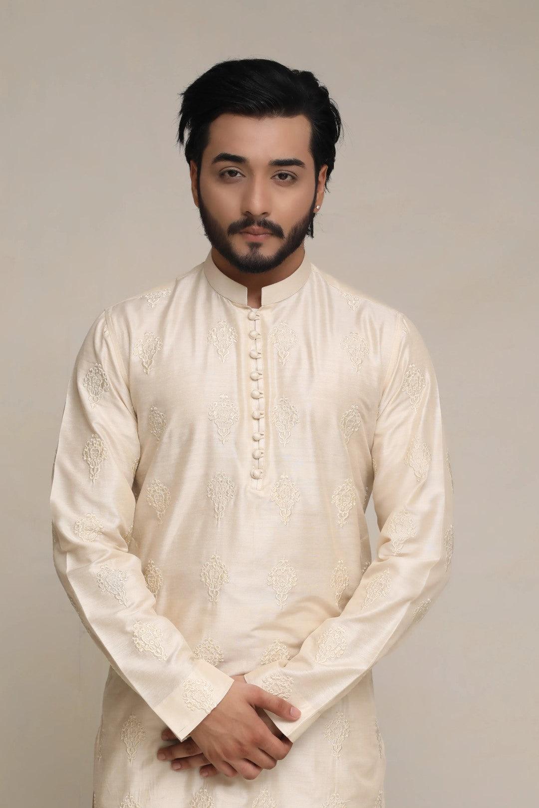 Cream Embroidered Silk Kurta Pajama (2-Piece) - Image 2