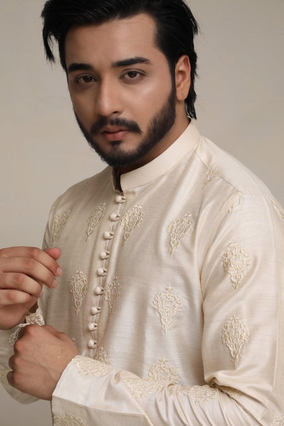 Cream Embroidered Silk Kurta Pajama (2-Piece) - Image 3
