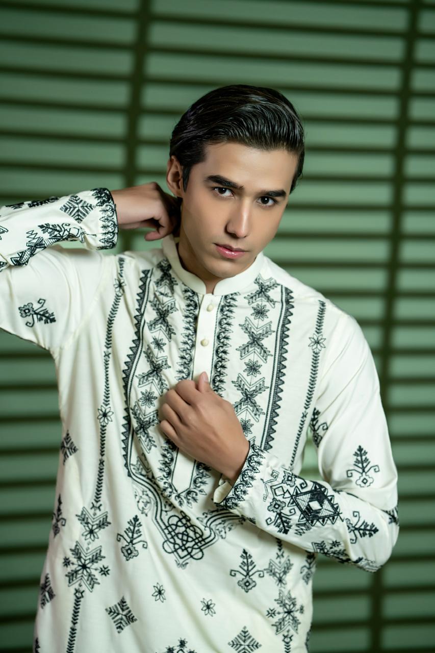 Cream Black Embroidered Wash-and-Wear Kurta Pajama (2-Piece) - Image 2