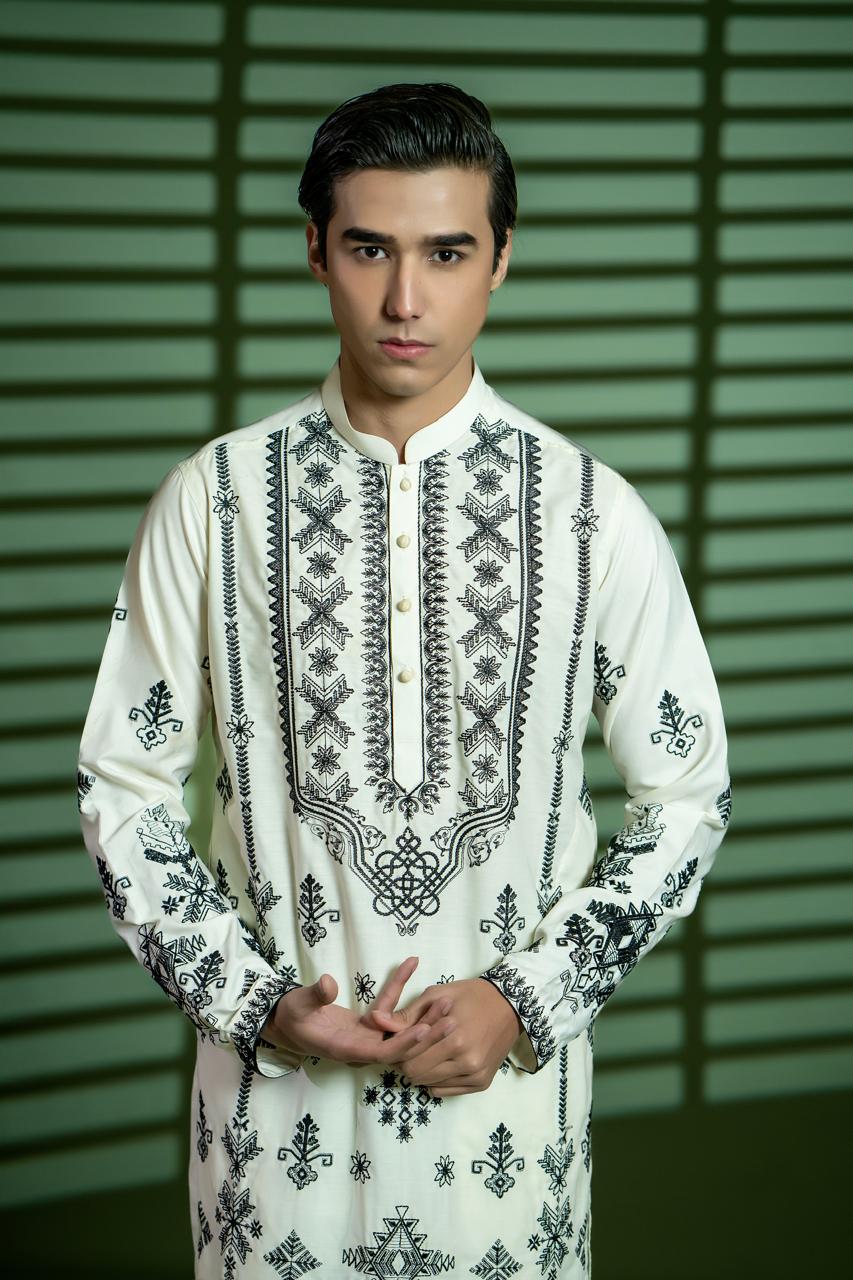 Cream Black Embroidered Wash-and-Wear Kurta Pajama (2-Piece) - Image 4