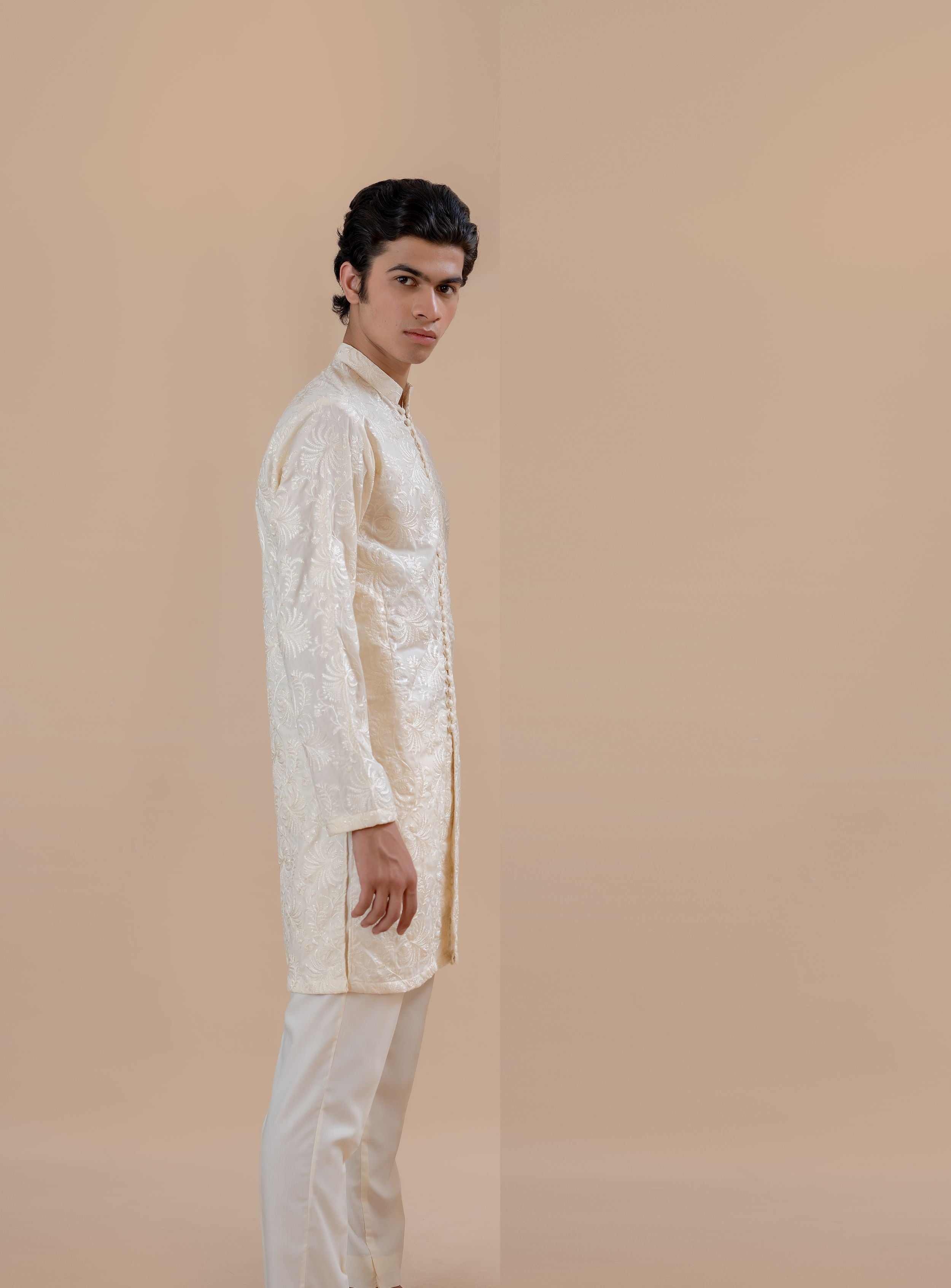 Cream Embroidered Wash & Wear Men’s Kurta (2-Piece) - Image 2