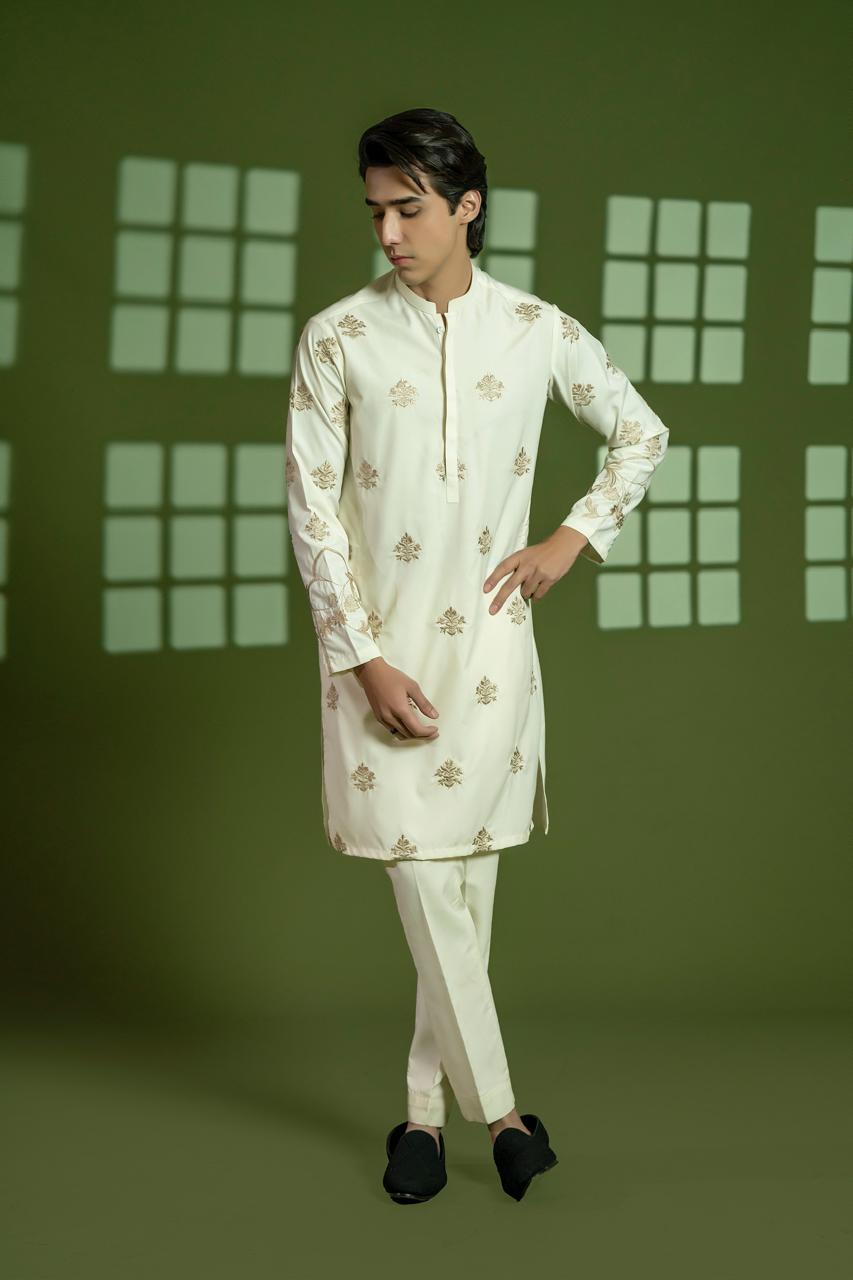 Cream Embroidered Wash-and-Wear Kurta (2-Piece) - Image 1