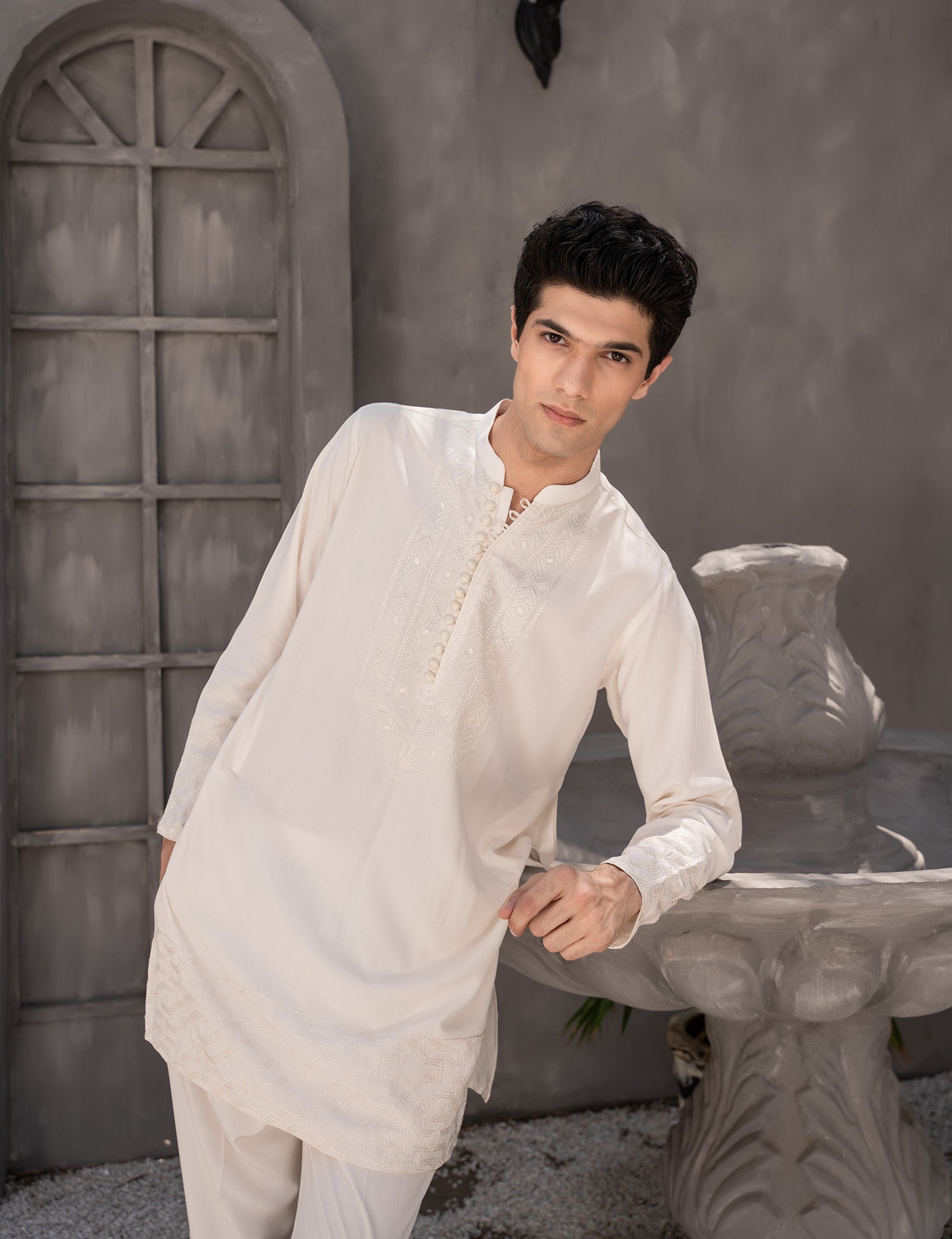 Cream Embroidered Wash & Wear Kurta Pajama (2-Piece) - Image 3