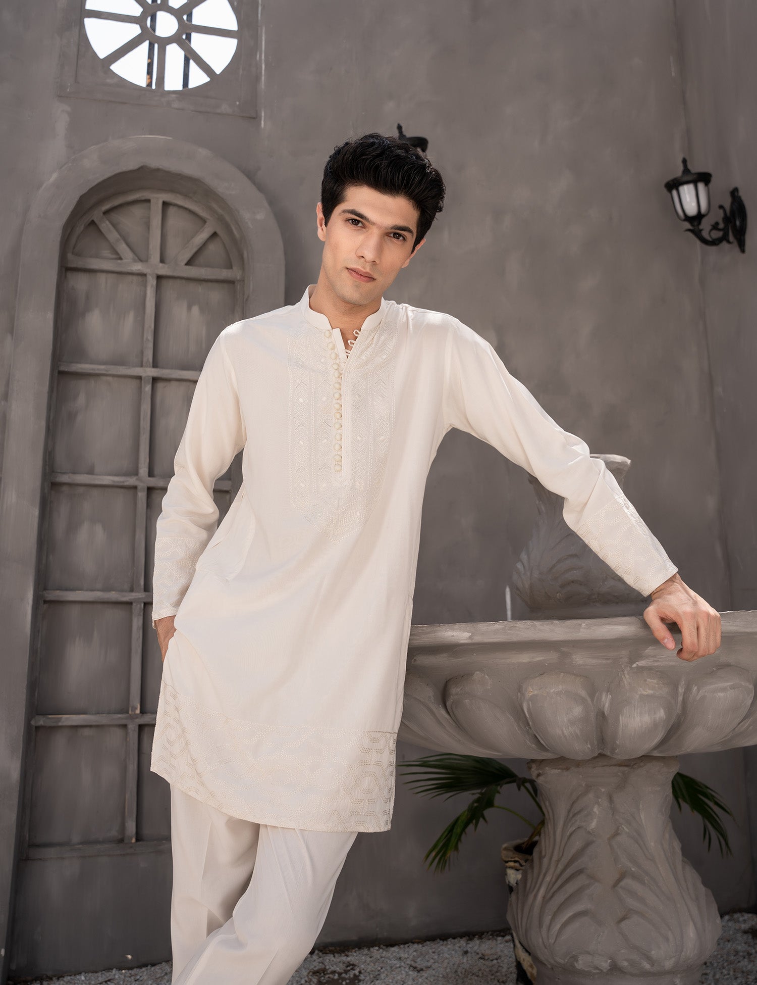 Cream Embroidered Wash & Wear Kurta Pajama (2-Piece) - Image 4