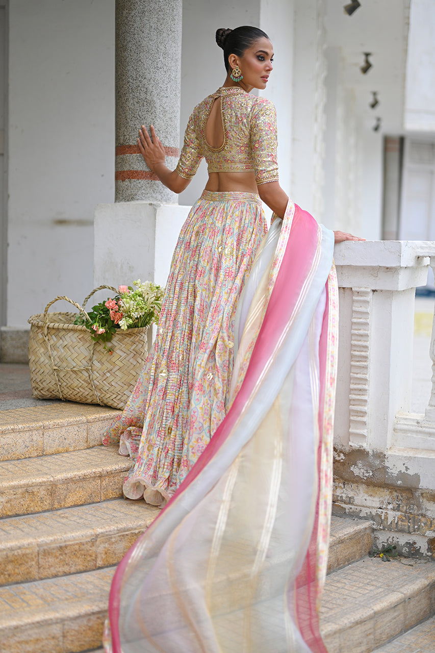 Pakistani Cream Gota Work Khaddi Silk Lehenga Choli (3-Piece) - Image 3