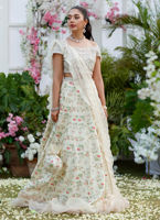 Pakistani Crème Floral Hand-Embellished Georgette Lehenga (3-Piece) - Image 3