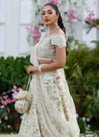 Pakistani Crème Floral Hand-Embellished Georgette Lehenga (3-Piece) - Image 5