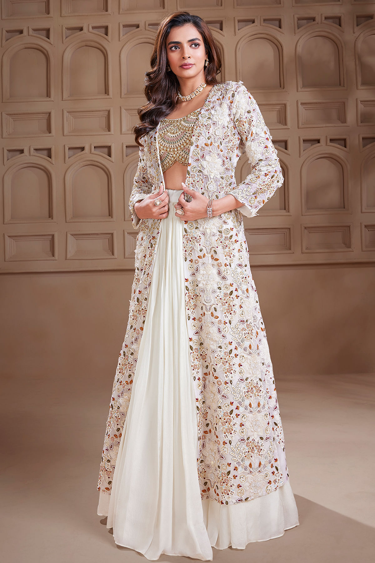 Indian Cream Embroidered Georgette Lehenga (3-Piece) - Image 1