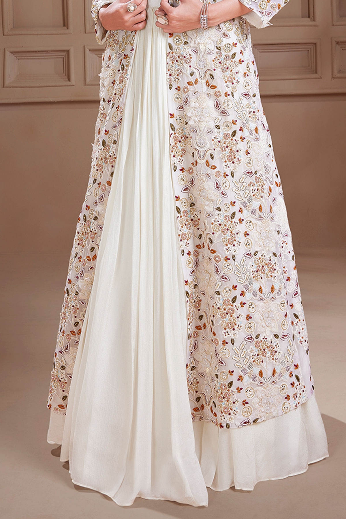 Indian Cream Embroidered Georgette Lehenga (3-Piece) - Image 3