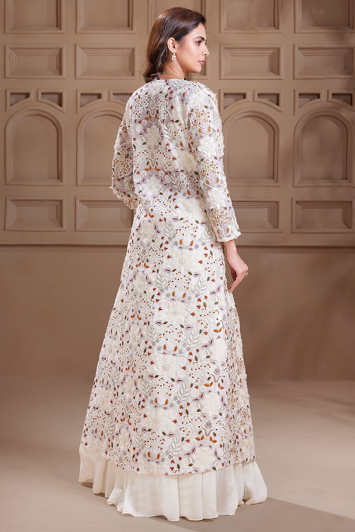 Indian Cream Embroidered Georgette Lehenga (3-Piece) - Image 4