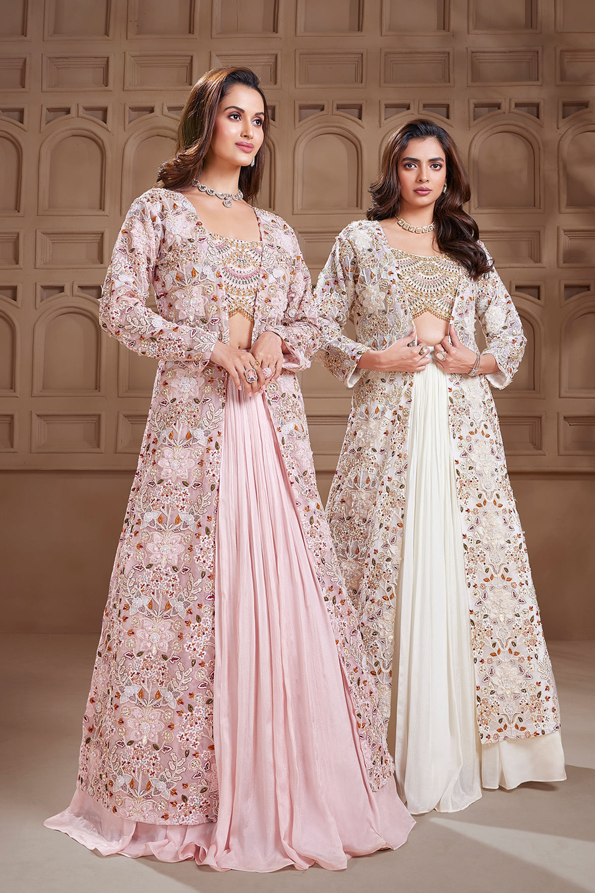 Indian Cream Embroidered Georgette Lehenga (3-Piece) - Image 5