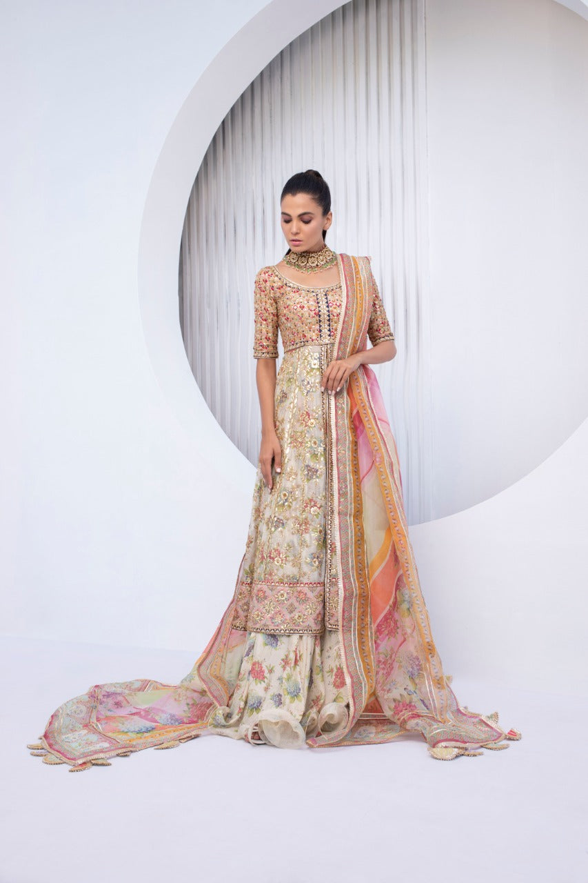 Pakistani Creme Gota Zardozi Khaddi Silk Lehenga (3-Piece) - Image 1