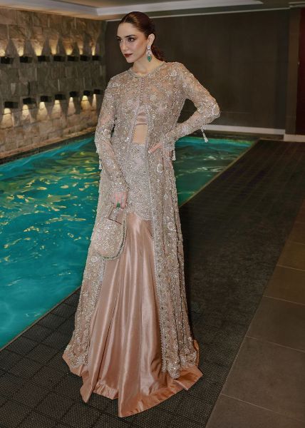 Crème Embellished Net Jacket with Satin Lehenga (2-Piece) - Image 1