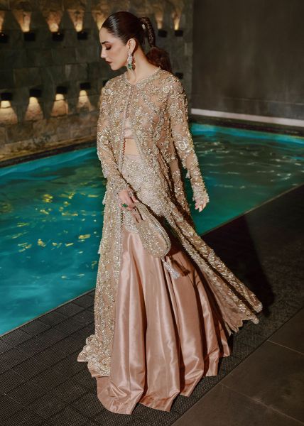 Crème Embellished Net Jacket with Satin Lehenga (2-Piece) - Image 4
