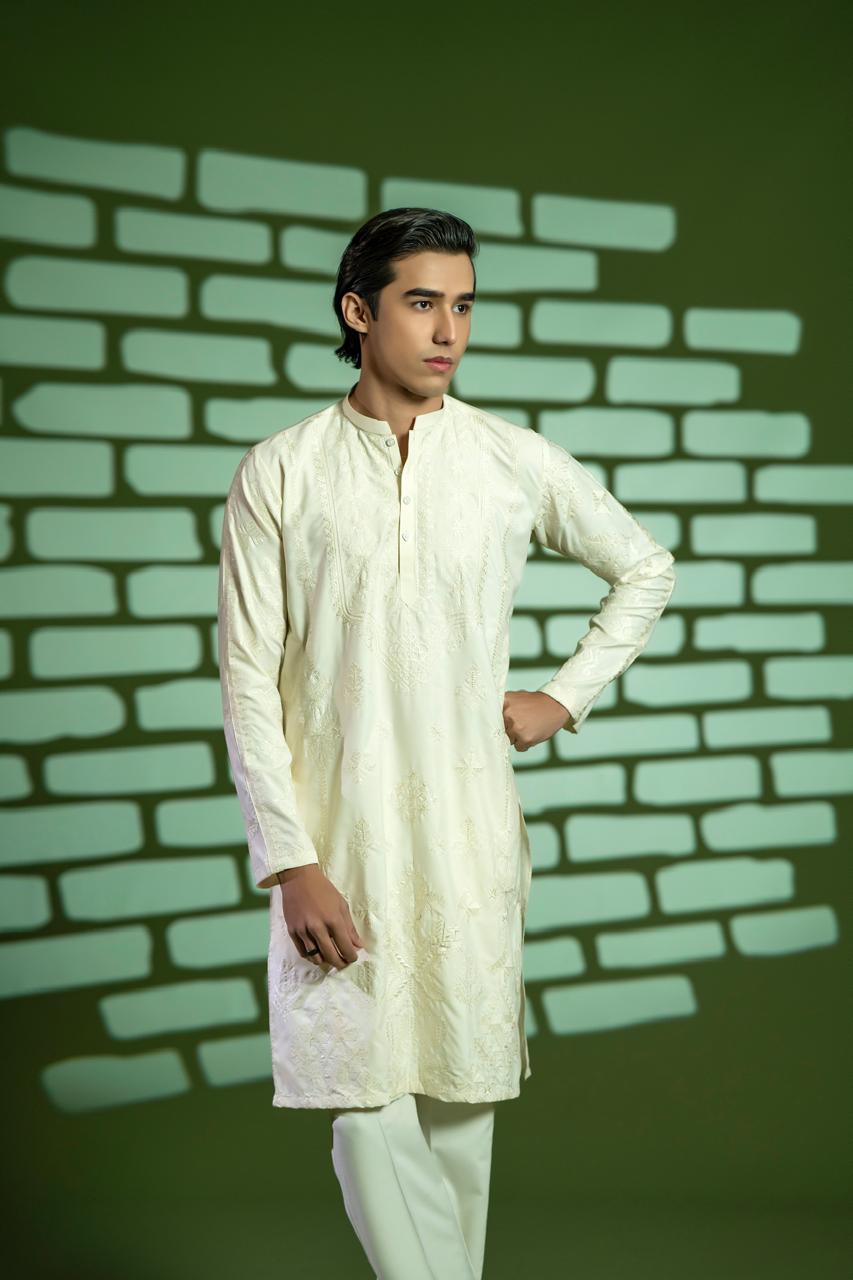 Cream Embroidered Blended Kurta Pajama (2-Piece) - Image 1