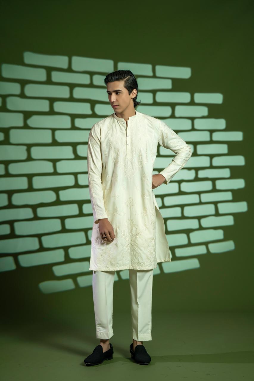 Cream Embroidered Blended Kurta Pajama (2-Piece) - Image 2