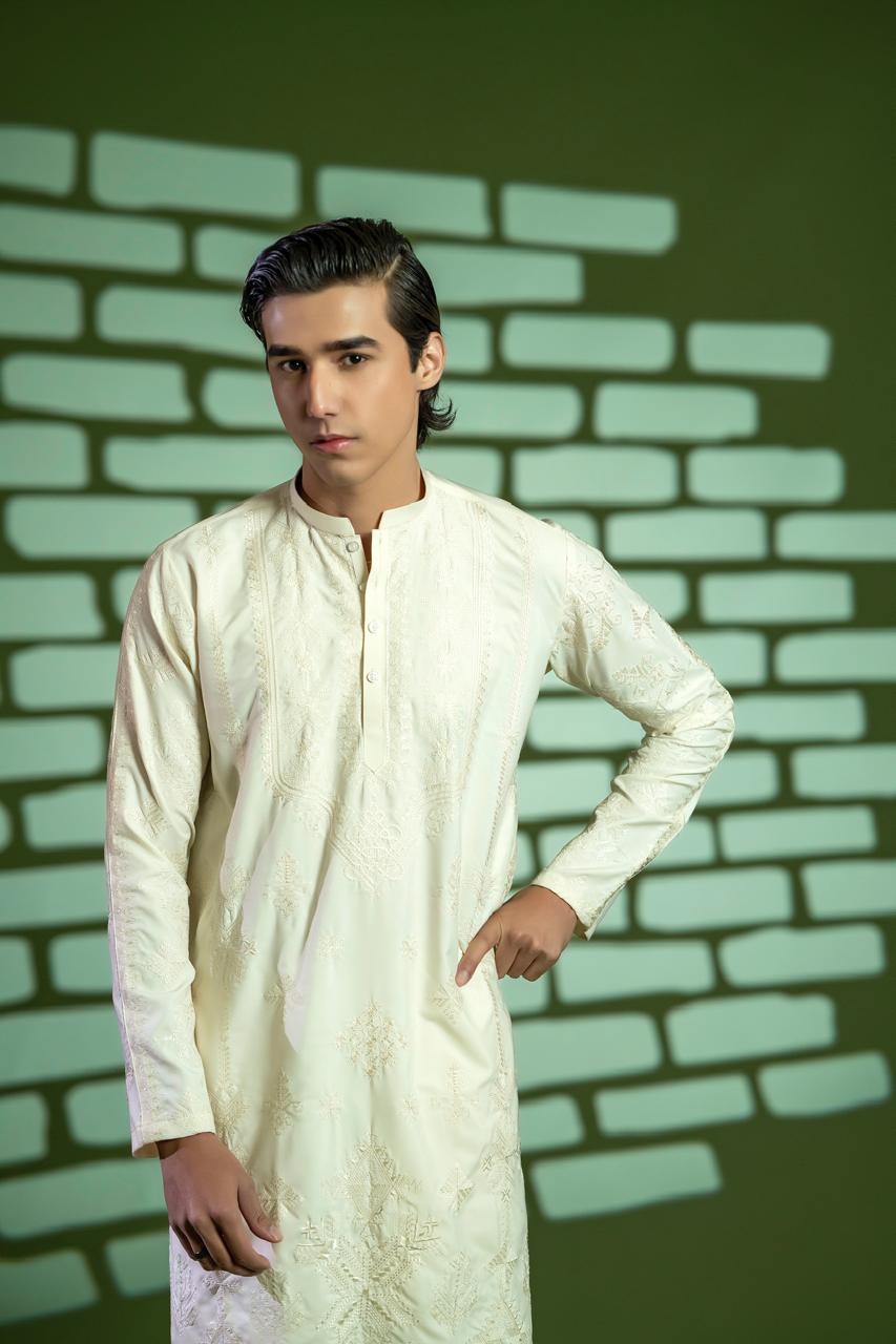 Cream Embroidered Blended Kurta Pajama (2-Piece) - Image 3