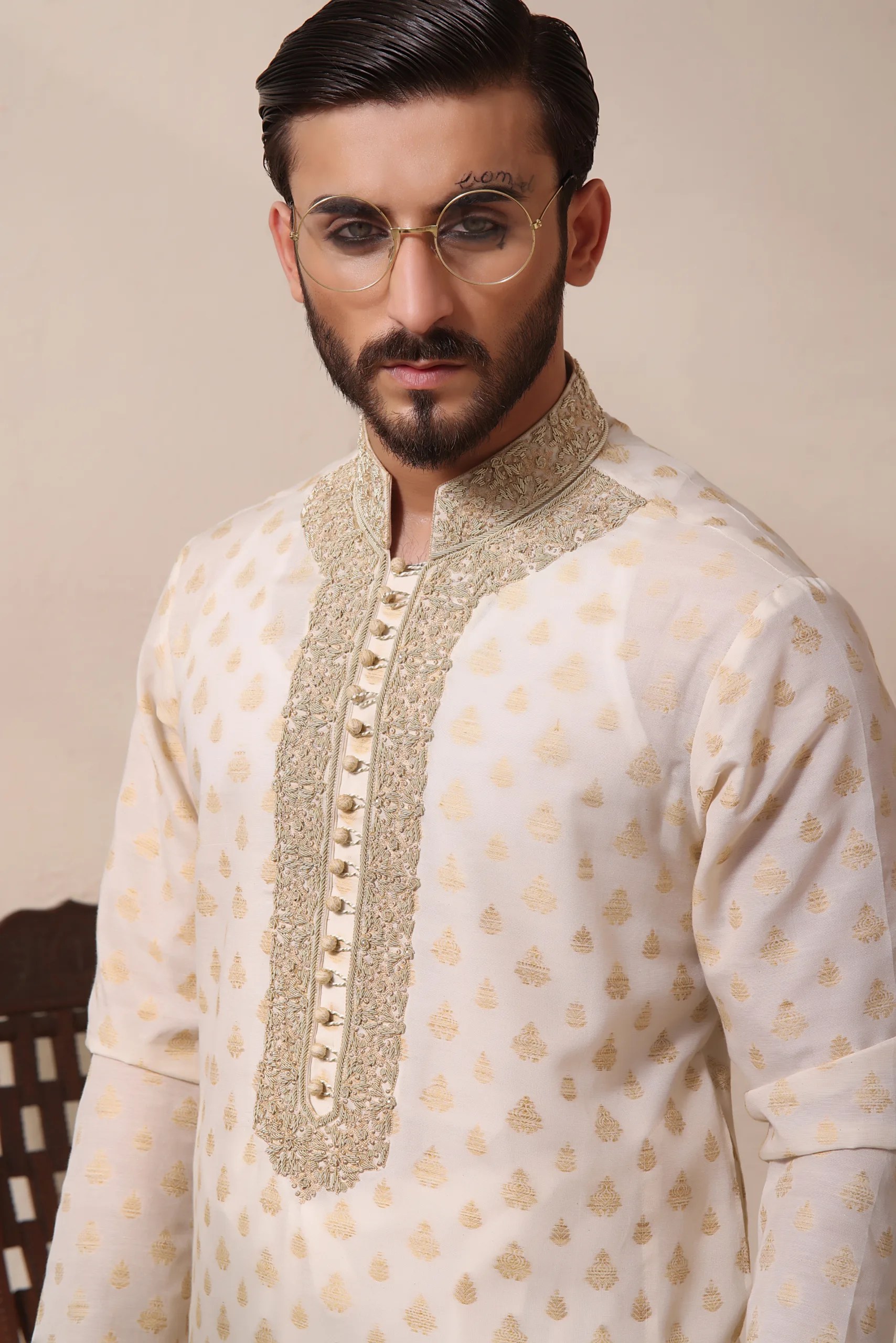 Cream Embroidered Jacquard Kurta (2-Piece) - Image 1
