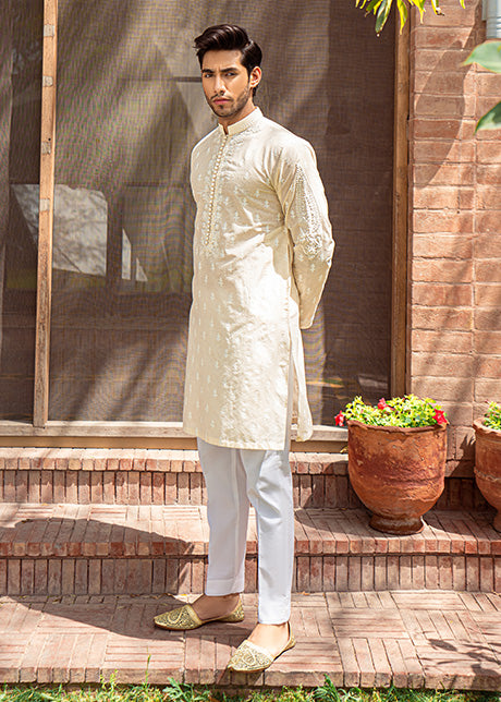 Cream Block Print Karandi Kurta (2-Piece) - Image 1