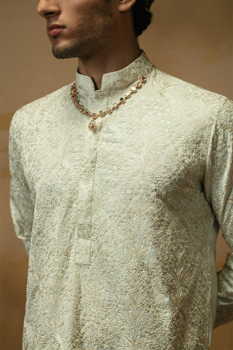 Cream White Jacquard Kurta Pajama with Sequins (2-Piece) - Image 3
