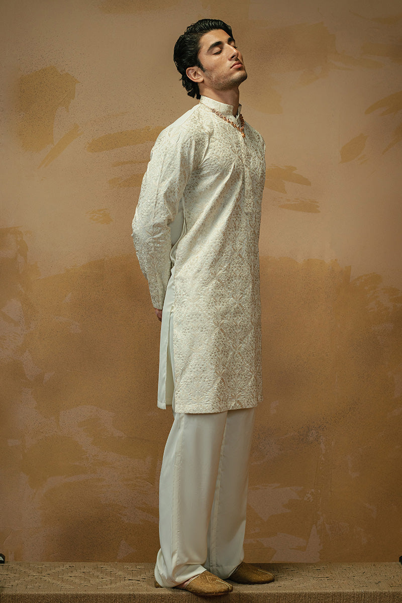 Cream White Jacquard Kurta Pajama with Sequins (2-Piece) - Image 4