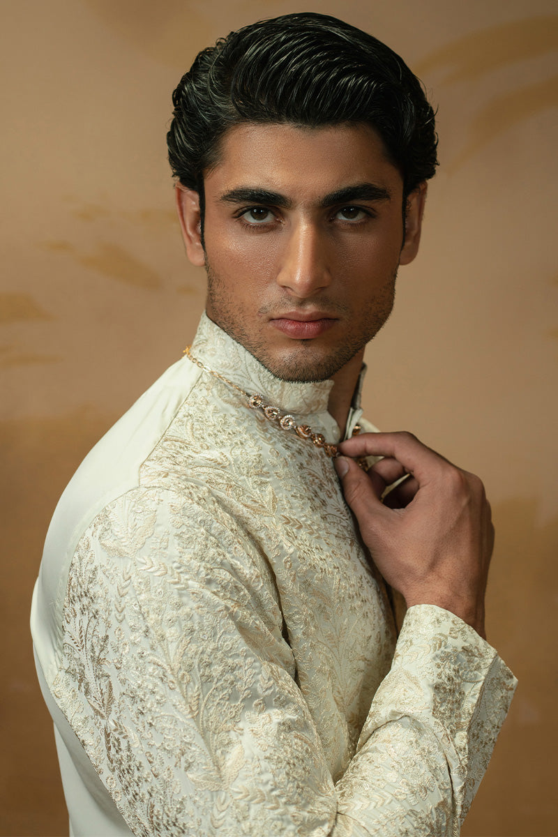 Cream White Jacquard Kurta Pajama with Sequins (2-Piece) - Image 5