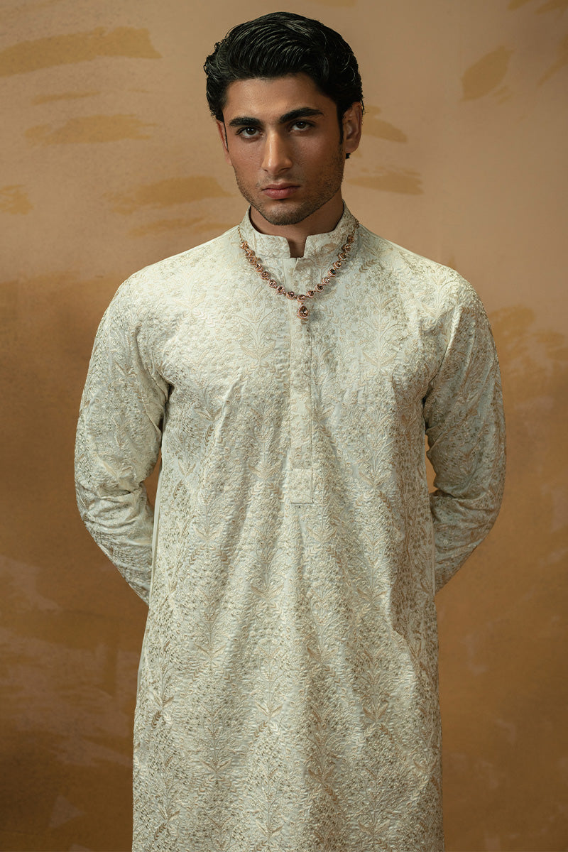 Cream White Jacquard Kurta Pajama with Sequins (2-Piece) - Image 6