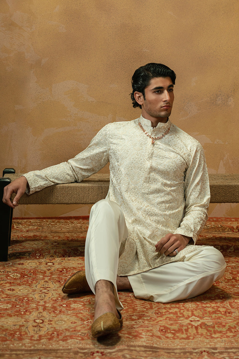 Cream White Jacquard Kurta Pajama with Sequins (2-Piece) - Image 9