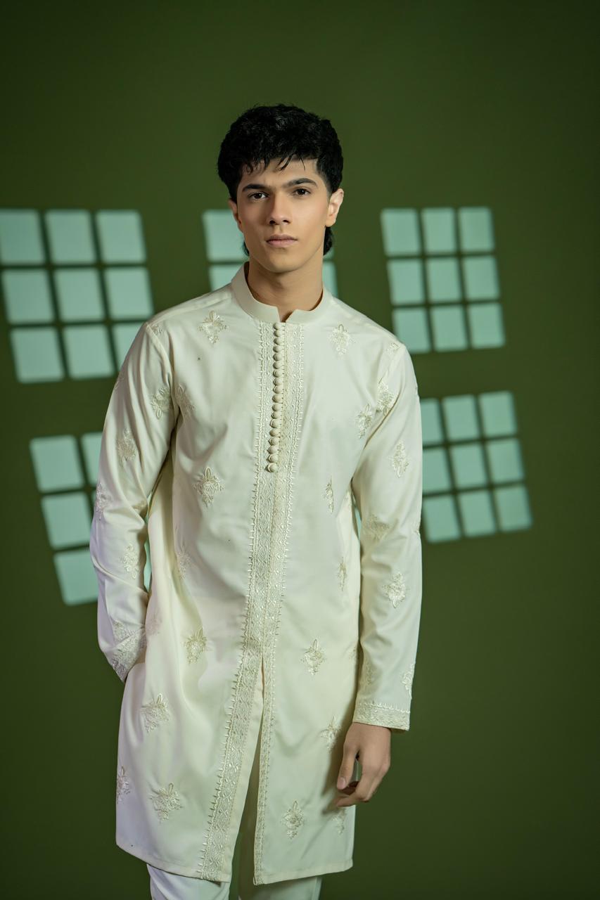 Cream Embroidered Wash & Wear Kurta Set (2-Piece) - Image 2