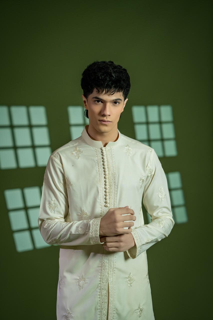 Cream Embroidered Wash & Wear Kurta Set (2-Piece) - Image 3