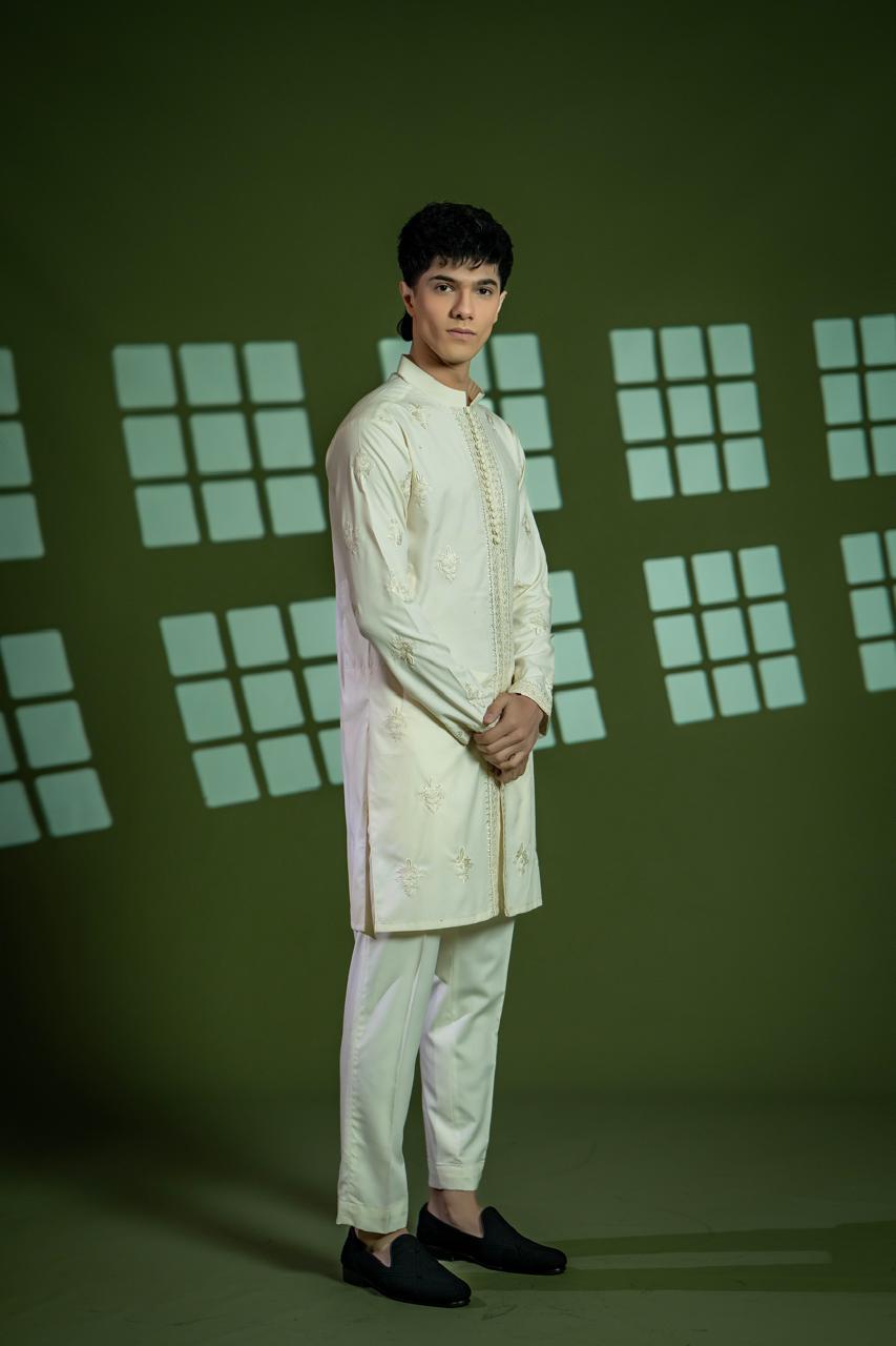 Cream Embroidered Wash & Wear Kurta Set (2-Piece) - Image 4