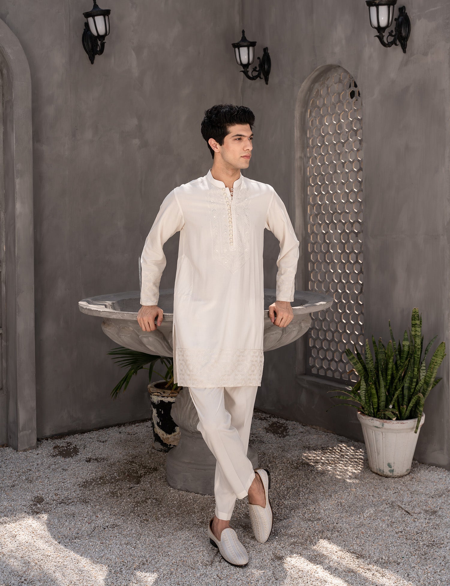 Cream Embroidered Wash & Wear Kurta Trouser Set (2-Piece) - Image 1