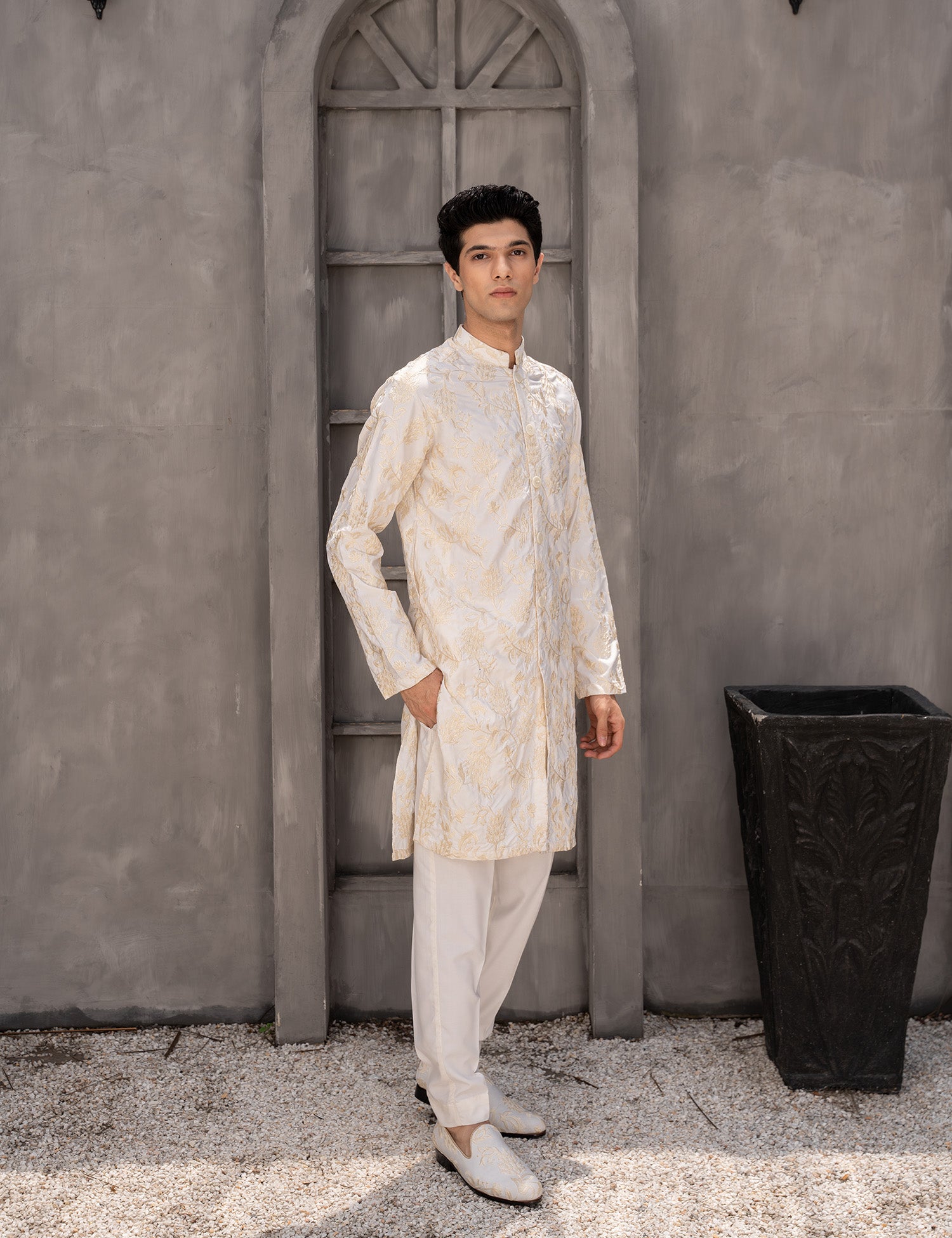 Cream Embroidered Wash & Wear Kurta Pajama (2-Piece) - Image 1