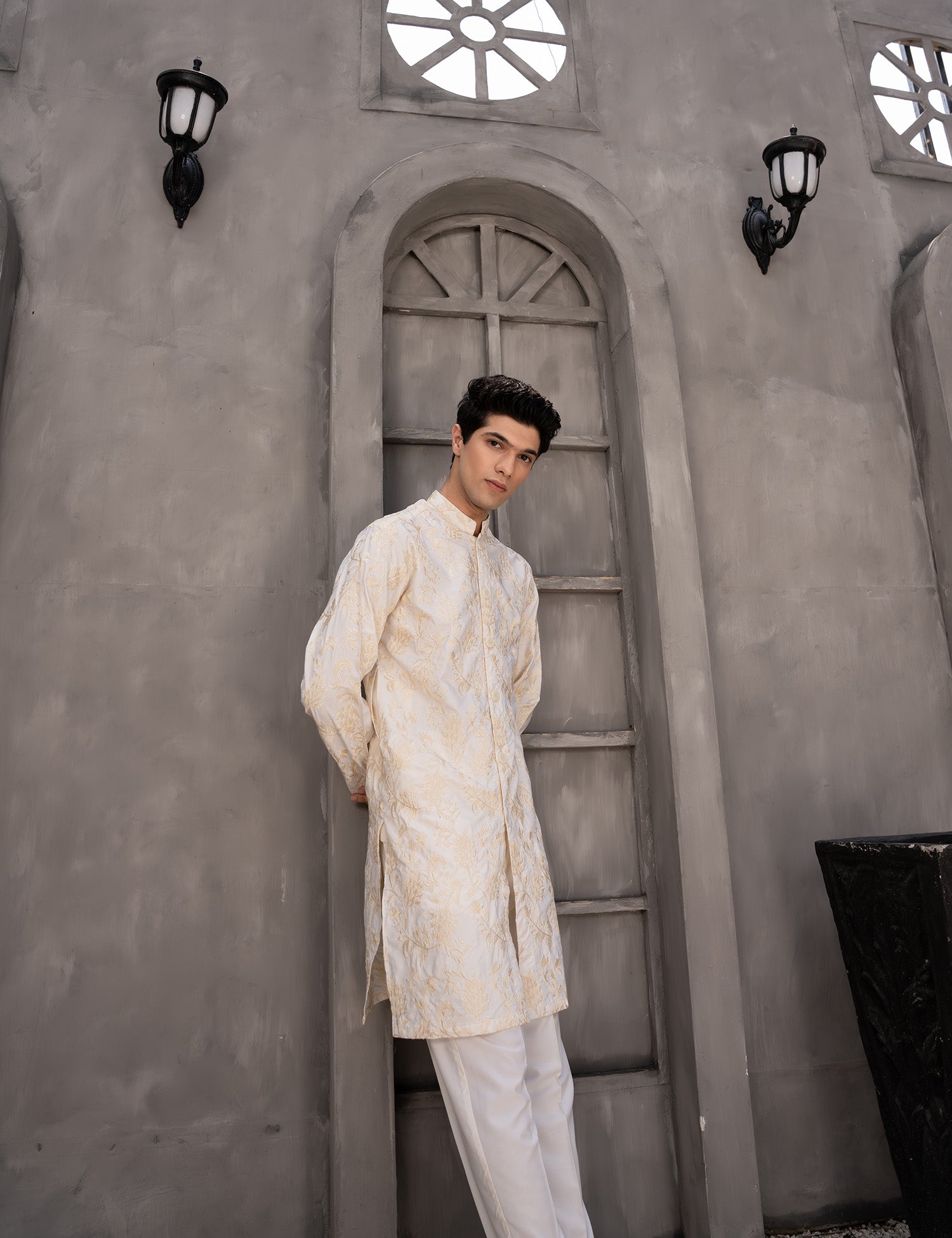 Cream Embroidered Wash & Wear Kurta Pajama (2-Piece) - Image 3