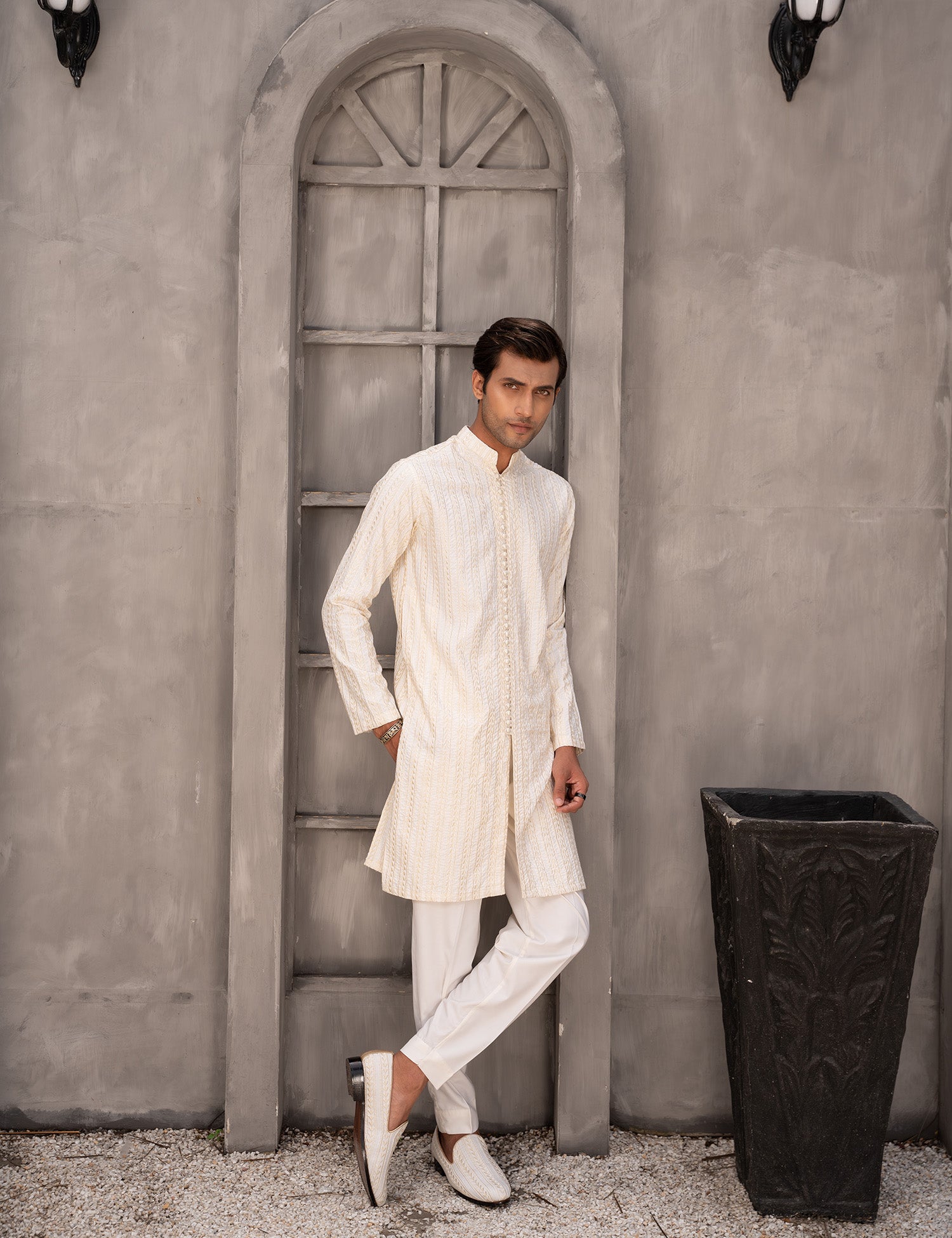 Cream Embroidered Wash & Wear Kurta Trouser (2-Piece) - Image 1