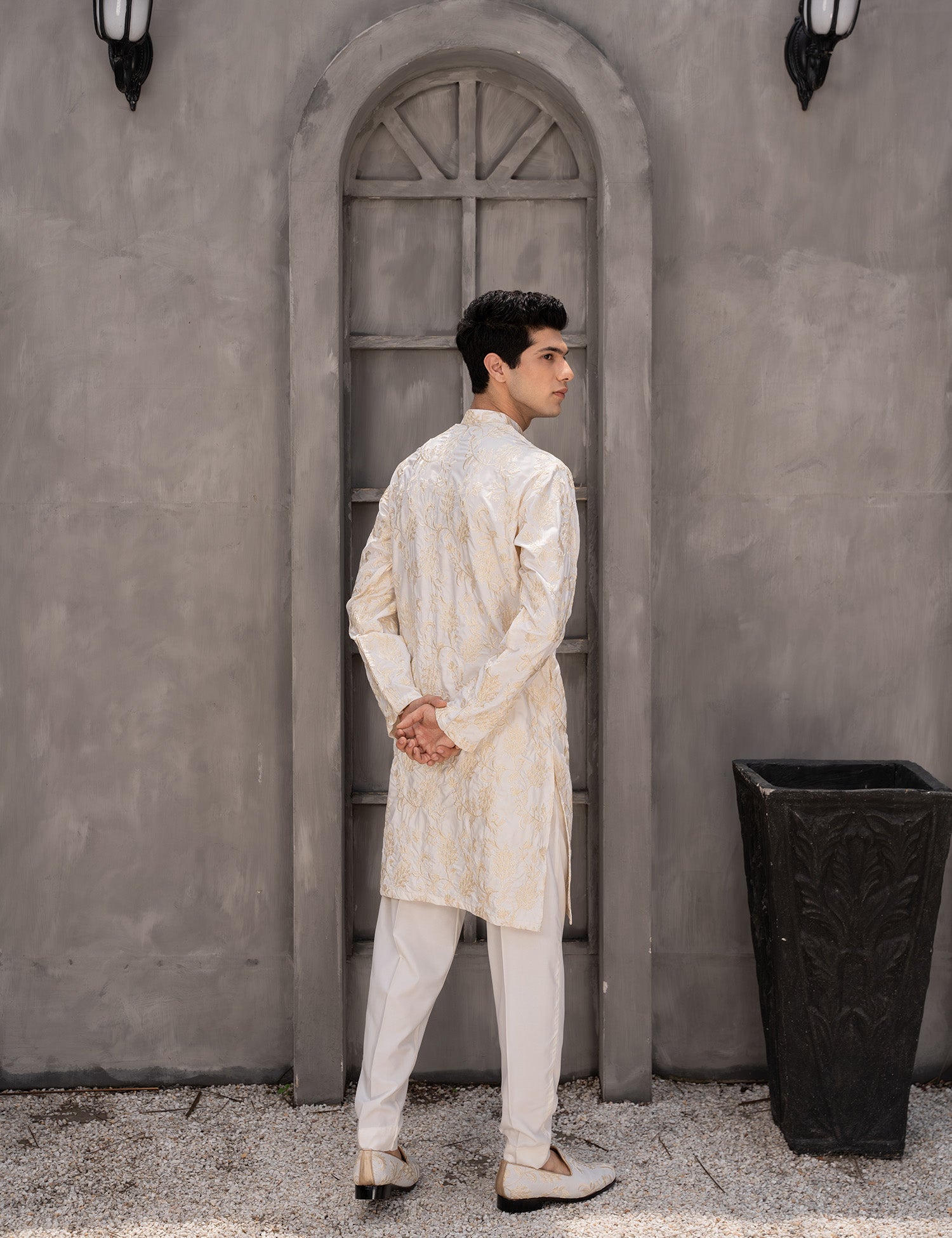 Cream Embroidered Wash & Wear Kurta Pajama (2-Piece) - Image 2