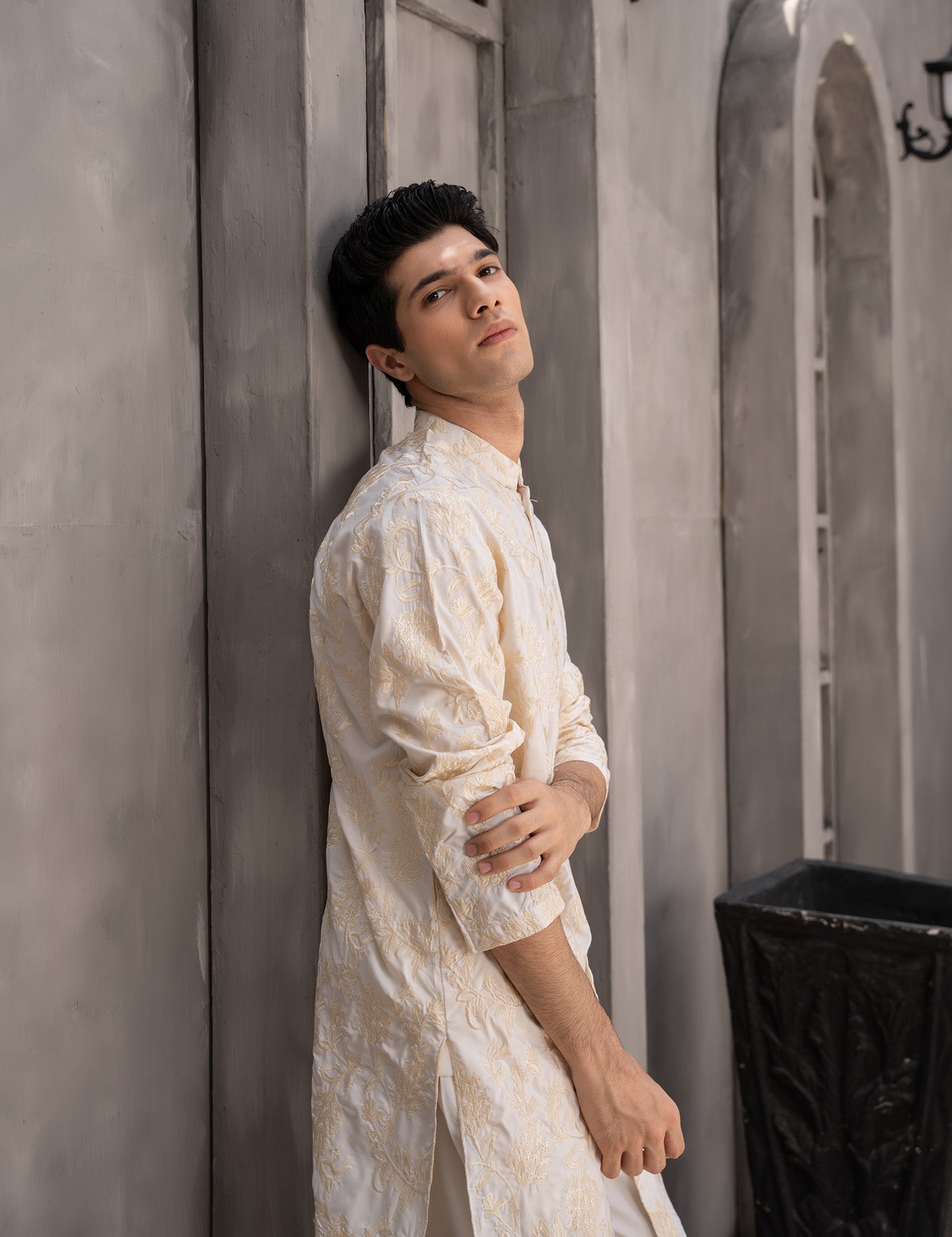 Cream Embroidered Wash & Wear Kurta Pajama (2-Piece) - Image 4