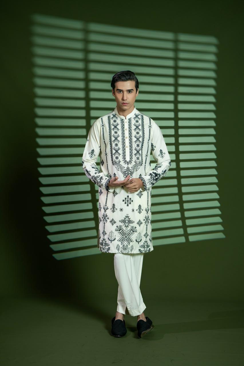 Cream Embroidered Wash-and-Wear Kurta Pajama (2-Piece) - Image 1