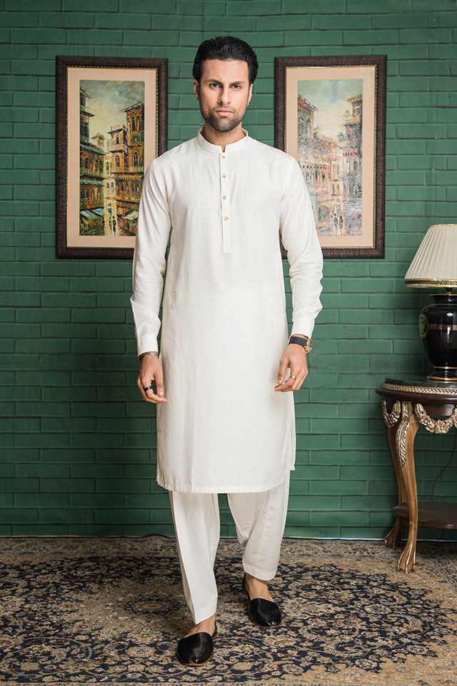 Cream Royal Boski Silk Shalwar Kameez (2-Piece) - Image 1