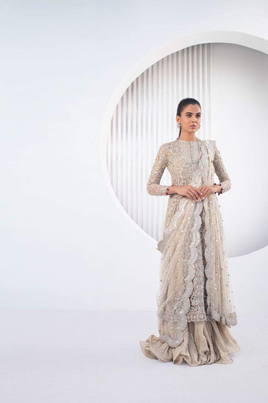 Crème Zardozi French Net Pishwas (3-Piece) - Image 1