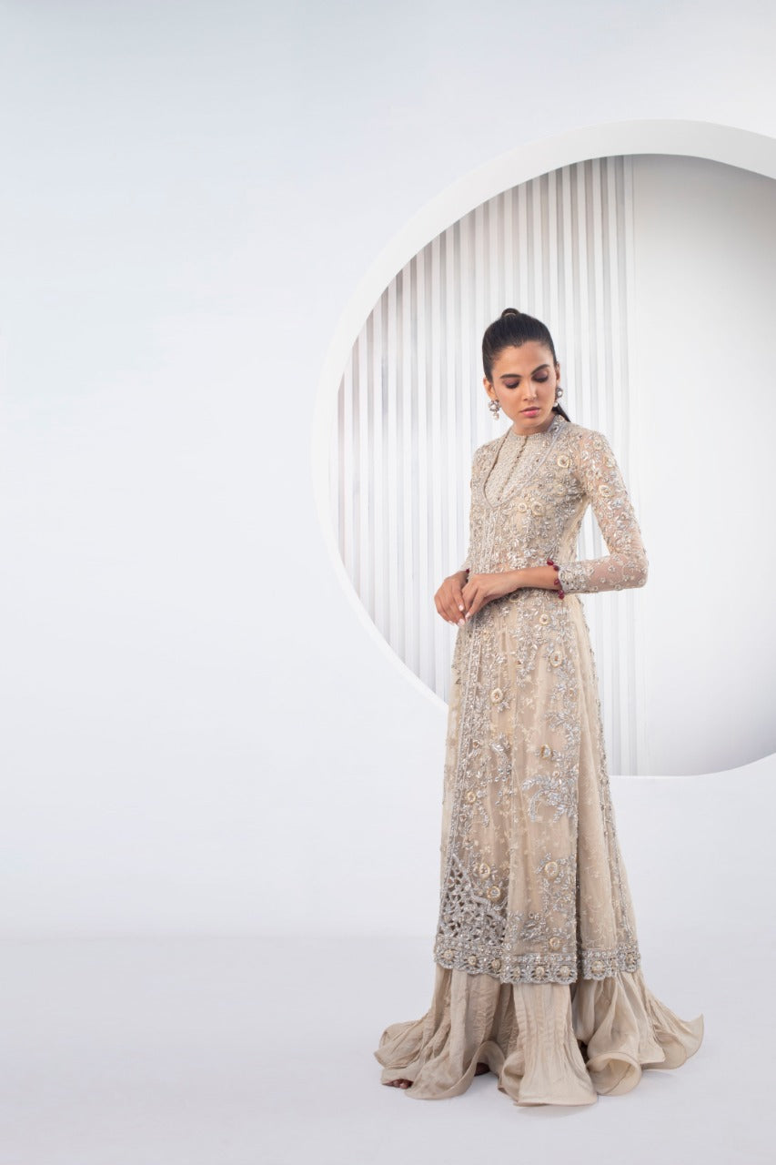 Crème Zardozi French Net Pishwas (3-Piece) - Image 3