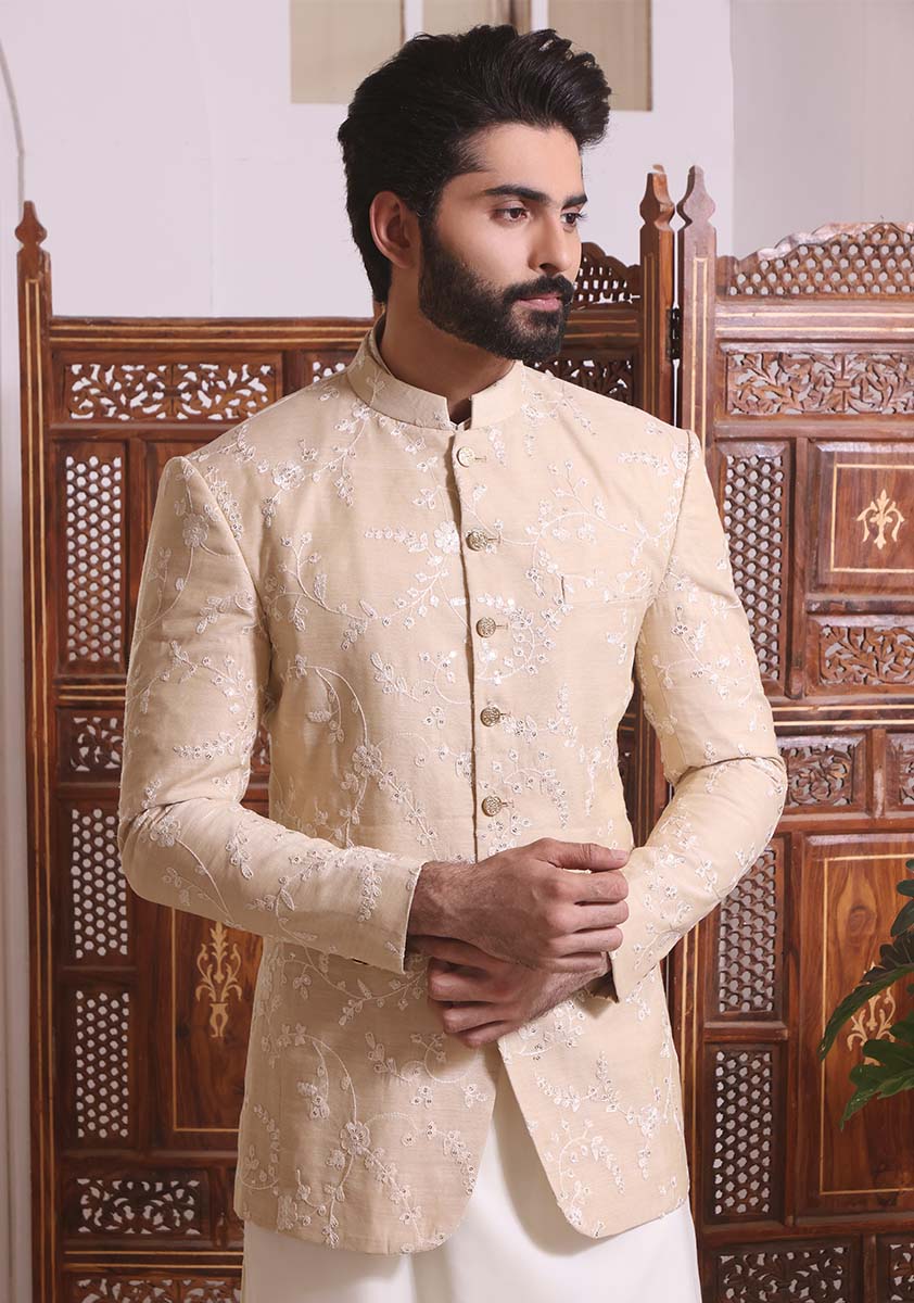 Cream Embroidered Cotton Net Prince Coat (1-Pc) - Image 1