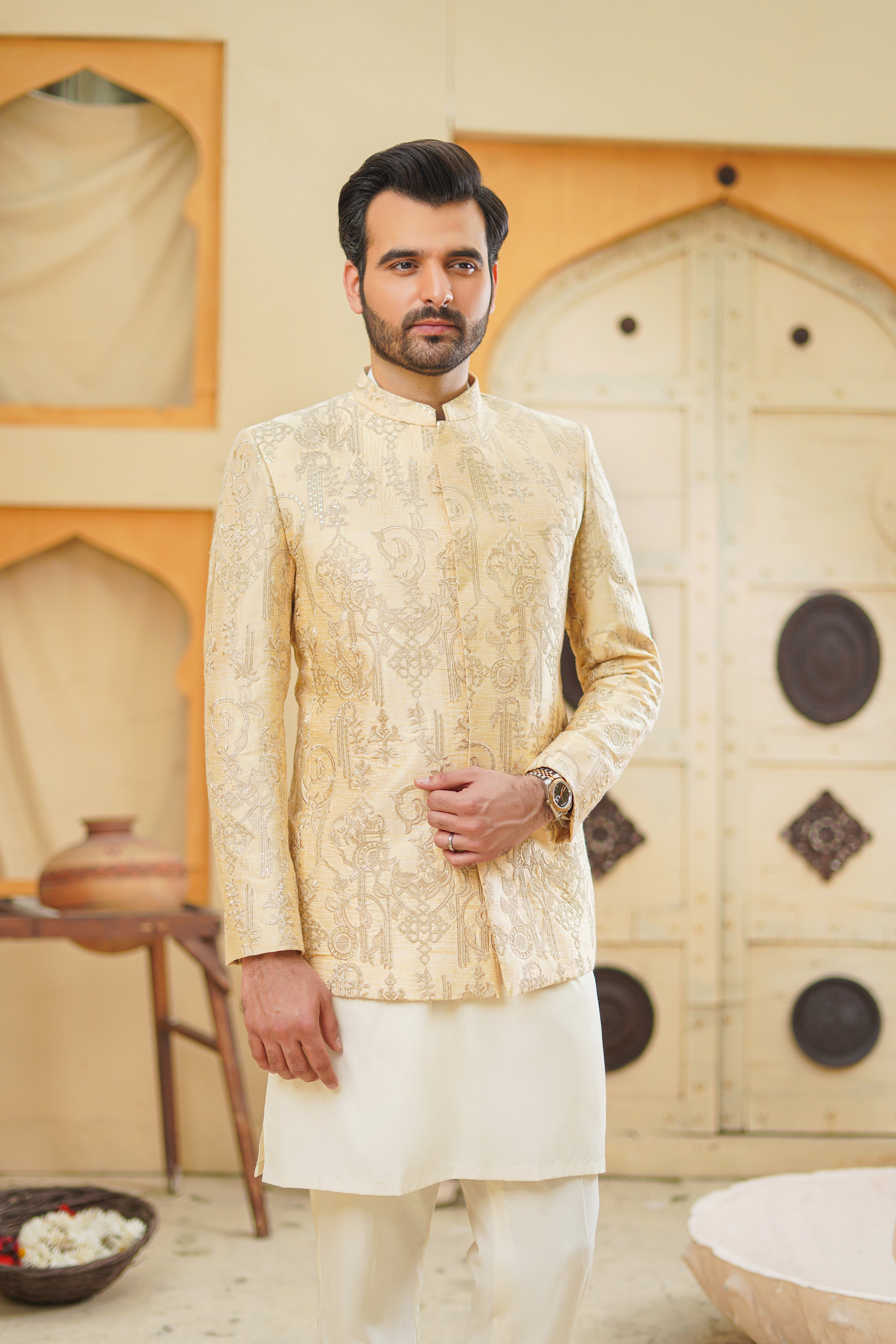 Cream Self-Sequence Jacquard Prince Coat (3-Piece) - Image 2